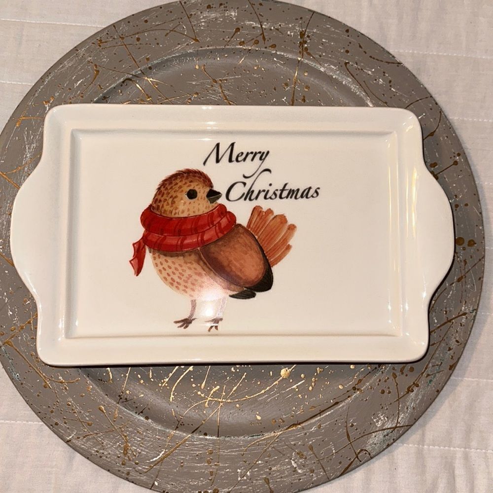 Valori Home Ceramic “Merry Christmas” Winter Bird Red Scarf Serving Dish Tray
